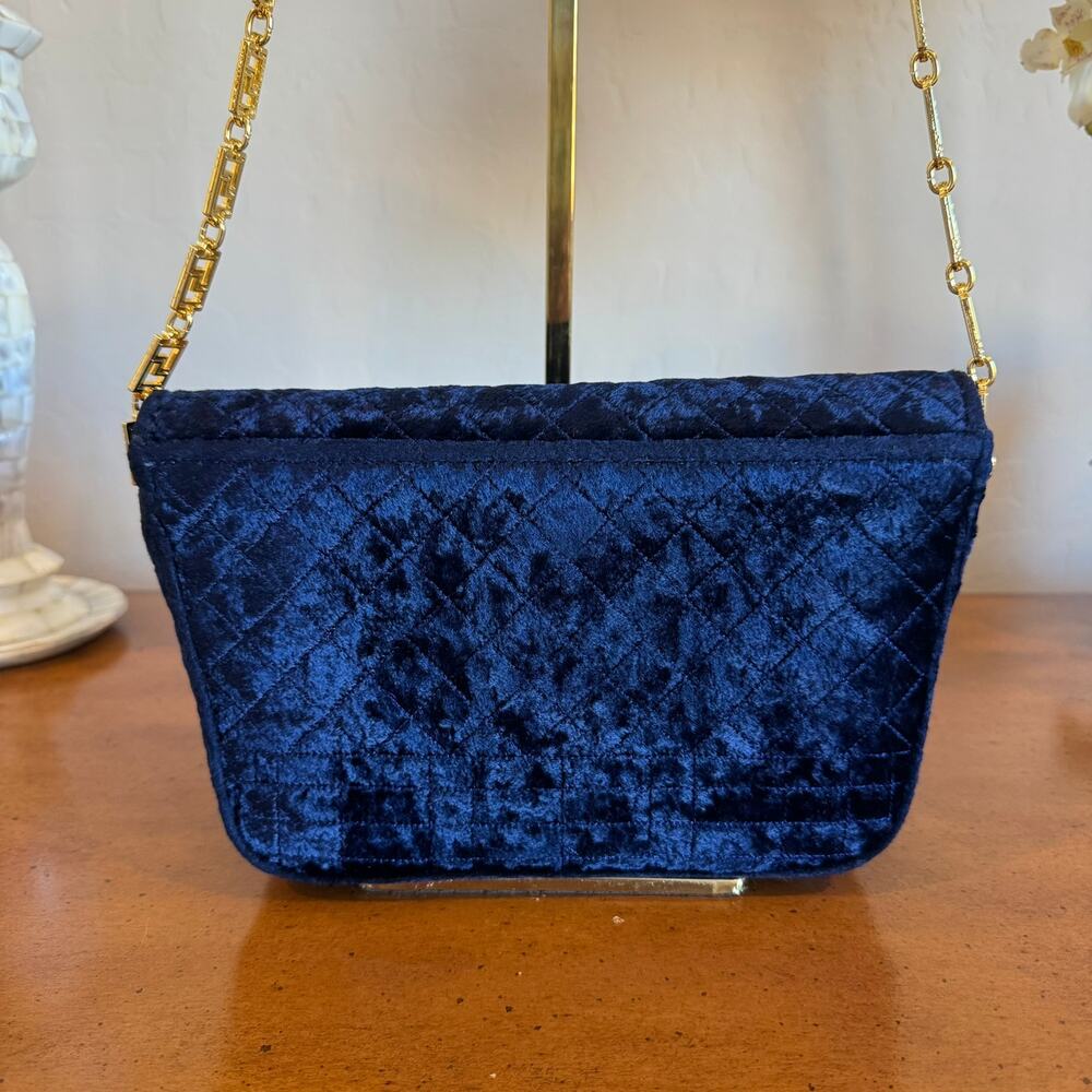 Very Rare Vintage Gianni Versace Blue Velvet Gold Chain Shoulder Bag - Picture 6 of 10